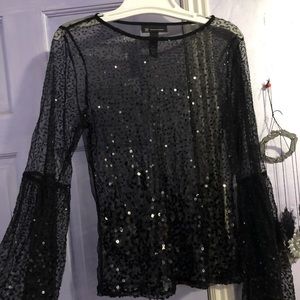 Mesh bell sleeve sequin top